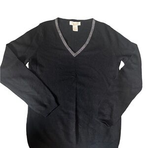 Mainbocher Black V-Neck Sweater with Silver Trim